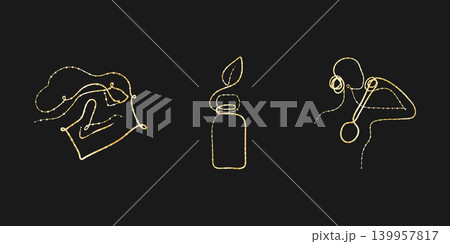 Three elegant gold continuous line art illustrations on a black background. One features an abstract flowing form. Another depicts a bottle with a leaf. Three elegant gold continuous line art illustrations on a black background. One features an abstract flowing form. Another depicts a bottle with a leaf. 139957817