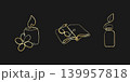 Three elegant golden one line art illustrations on a black background. Featured are a glowing candle with a flower, an open book, and a bottle topped with a leaf. 139957818