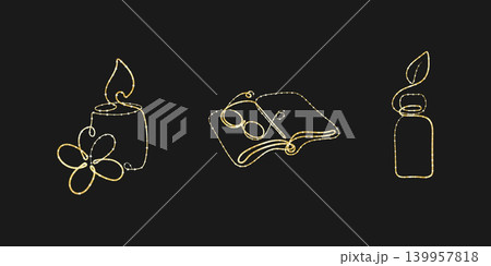 Three elegant golden one line art illustrations on a black background. Featured are a glowing candle with a flower, an open book, and a bottle topped with a leaf. 139957818