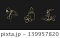 Three elegant one line art illustrations feature golden glitter lines on a dark background. A musician plays an instrument, a candle burns beside a flower, and a hand holds a leafy plant. 139957820