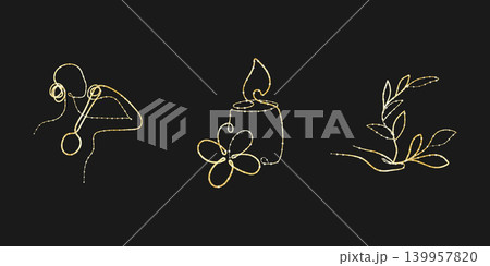 Three elegant one line art illustrations feature golden glitter lines on a dark background. A musician plays an instrument, a candle burns beside a flower, and a hand holds a leafy plant. 139957820