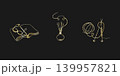 Three elegant golden single line illustrations are presented on a deep black background. The set includes a stylized open book, a decorative vessel with reeds, and an abstract swirling pattern. 139957821