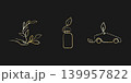 Three shining golden one line art icons on a black background. Includes a hand holding a plant, a bottle with a leaf, and an eco-friendly car. 139957822