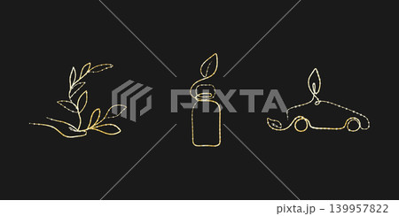 Three shining golden one line art icons on a black background. Includes a hand holding a plant, a bottle with a leaf, and an eco-friendly car. Three shining golden one line art icons on a black background. Includes a hand holding a plant, a bottle with a leaf, and an eco-friendly car. 139957822