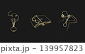 Three minimalist golden one line art designs on a dark background. They show a fragrance diffuser with reeds, an open book with a pen drawing, and a person listening with headphones. 139957823
