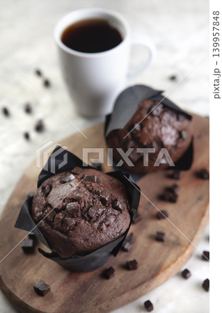 Chocolate Chip Cupcake Close Up. Homemade Chocolate Chip Muffin. Chocolate Chip Cupcake Close Up. Homemade Chocolate Chip Muffin. 139957848