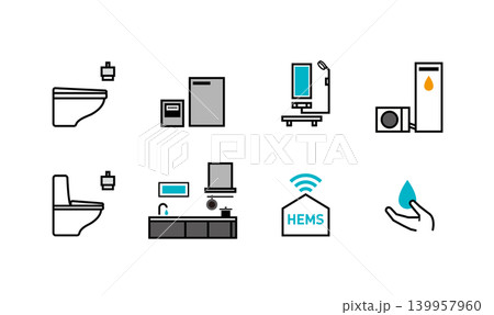 スマートハウスやGX志向型住宅、ZEHや省エネ住宅の設備と水回りのアイコンセット スマートハウスやGX志向型住宅、ZEHや省エネ住宅の設備と水回りのアイコンセット 139957960