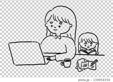 A line drawing of a mother working from home with her child. A line drawing of a mother working from home with her child. 139958350