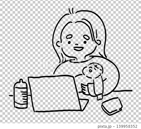 A line drawing of a mother working from home with her child. A line drawing of a mother working from home with her child. 139958352