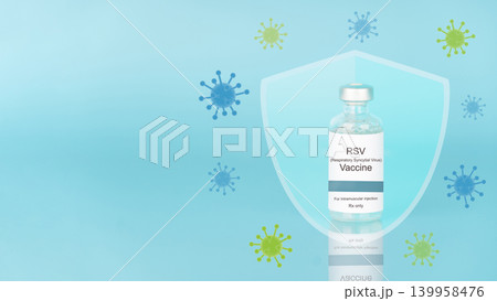 RSV vaccine vial bottle with glass shield and virus on blue background. Respiratory Syncytial Virus vaccine protect older adults and infants from severe lower respiratory tract diseases. RSV vaccine vial bottle with glass shield and virus on blue background. Respiratory Syncytial Virus vaccine protect older adults and infants from severe lower respiratory tract diseases. 139958476