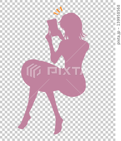 A woman sitting down, wearing a skirt, is shown in silhouette, happily using her smartphone. A woman sitting down, wearing a skirt, is shown in silhouette, happily using her smartphone. 139958568