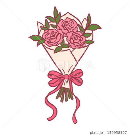 Rose flowers wrapped bouquet with leaves decorated with ribbon bow, vector doodle blossom beautiful romantic bridal gift 139958597