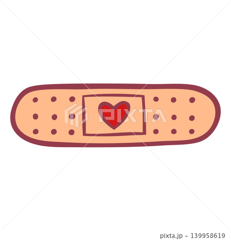 Sterile bandage with heart print doodle vector icon, girly first aid plaster adhesive tape, medical protection sticker Sterile bandage with heart print doodle vector icon, girly first aid plaster adhesive tape, medical protection sticker 139958619