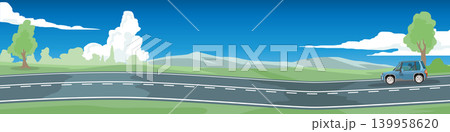 Wide panoramic showing a blue SUV driving along an empty asphalt road hills. Scenic background features green fields rolling hills scattered trees and fluffy white clouds under a bright blue sky. Wide panoramic showing a blue SUV driving along an empty asphalt road hills. Scenic background features green fields rolling hills scattered trees and fluffy white clouds under a bright blue sky. 139958620