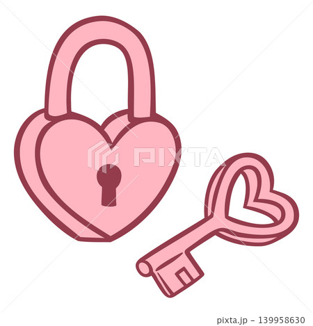Lock with key pink doodle icon, hand drawn vintage key heart shape holder, vector romantic love symbol red contour Lock with key pink doodle icon, hand drawn vintage key heart shape holder, vector romantic love symbol red contour 139958630