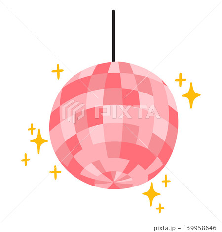 A pink, floating, mirrored disco ball with yellow sparkles. A pink, floating, mirrored disco ball with yellow sparkles. 139958646