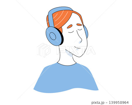 Person with orange hair wearing blue headphones vector illustration. Music streaming, podcast listening, mental relaxation, audio education, digital entertainment, sound therapy. Individual using 139958964