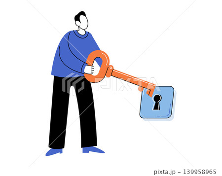 Man holding a large orange key to unlock a blue keyhole vector illustration. Business success, problem solving, security, potential, access, strategy. Male using a giant tool to open a lock Man holding a large orange key to unlock a blue keyhole vector illustration. Business success, problem solving, security, potential, access, strategy. Male using a giant tool to open a lock 139958965