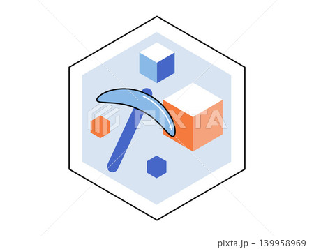 Pickaxe and geometric blocks inside a hexagon vector illustration. Cryptocurrency mining, blockchain technology, data extraction, digital assets, fintech services, crypto farm. Mining tool and 3D Pickaxe and geometric blocks inside a hexagon vector illustration. Cryptocurrency mining, blockchain technology, data extraction, digital assets, fintech services, crypto farm. Mining tool and 3D 139958969