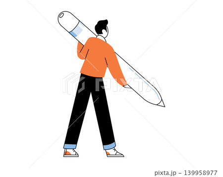 Man carrying a large digital stylus on his shoulder vector illustration. Graphic design, creative work, digital art, content creation, education, technology. Artist holding giant electronic pen Man carrying a large digital stylus on his shoulder vector illustration. Graphic design, creative work, digital art, content creation, education, technology. Artist holding giant electronic pen 139958977