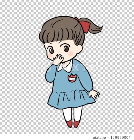 An illustration of a child in a school uniform covering their mouth with one hand in surprise. 139959004