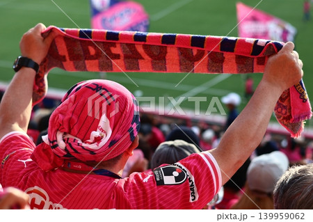 タオルマフラーを掲げて応援するサッカーセレッソ大阪のサポーター 139959062