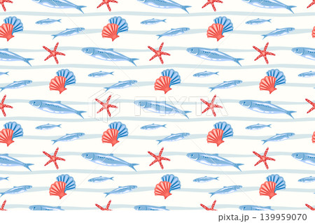 Nautical style seamless pattern with blue fish, scallop shells and red starfish. Summer coastal beach concept nautical design for textiles, wallpaper, wrapping paper, backgrounds and stationery, Nautical style seamless pattern with blue fish, scallop shells and red starfish. Summer coastal beach concept nautical design for textiles, wallpaper, wrapping paper, backgrounds and stationery, 139959070
