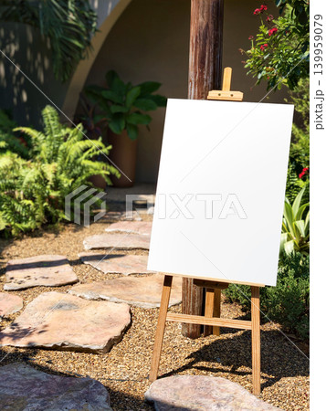 A blank display board standing outdoor in the garden 139959079