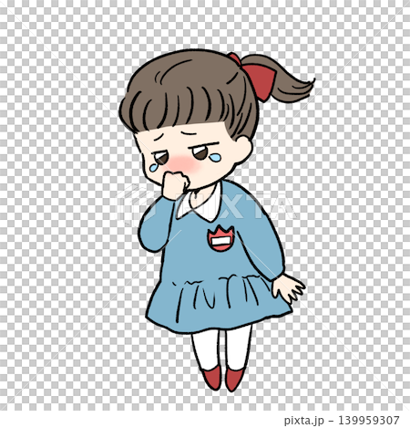 An illustration of a child in a school uniform unable to hold back tears. 139959307