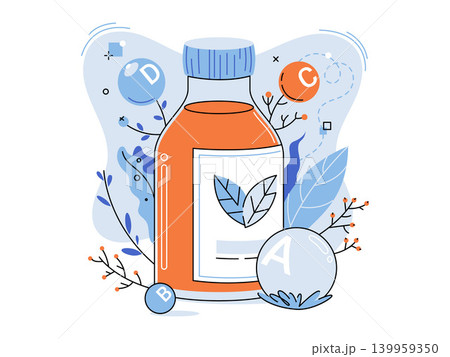 Vitamin bottle with herbal elements and nutrient bubbles vector illustration. Immune support, healthy lifestyle, pharmacy, natural medicine, nutrition, wellness. Liquid supplement container Vitamin bottle with herbal elements and nutrient bubbles vector illustration. Immune support, healthy lifestyle, pharmacy, natural medicine, nutrition, wellness. Liquid supplement container 139959350