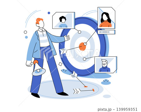 Man with megaphone targeting user profiles vector illustration. Target audience, digital marketing, recruitment, consumer segmentation, advertising, goal achievement. Marketer holding loudspeaker Man with megaphone targeting user profiles vector illustration. Target audience, digital marketing, recruitment, consumer segmentation, advertising, goal achievement. Marketer holding loudspeaker 139959351