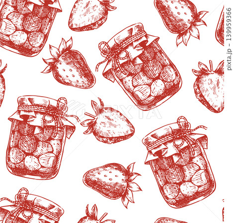 Seamless pattern of strawberries and strawberry jam. Vector illustration in sketch style. Seamless pattern of strawberries and strawberry jam. Vector illustration in sketch style. 139959366