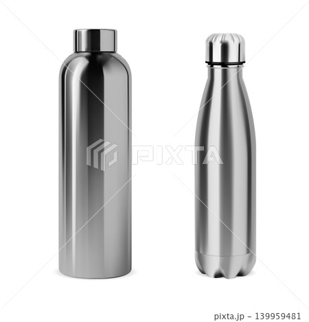 Two stainless steel insulated water bottles on white 139959481