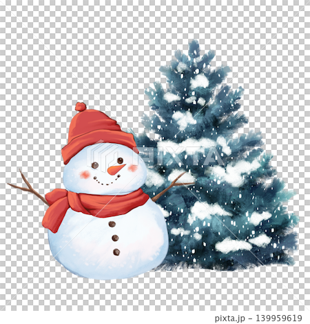 Cute hand drawn snowman with red scarf and pine tree Christmas illustration Cute hand drawn snowman with red scarf and pine tree Christmas illustration 139959619