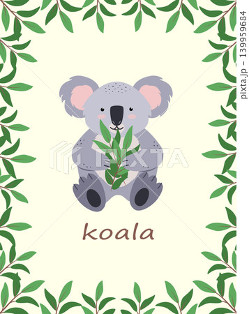 Postcard Cute koala eats eucalyptus leaves. Vector illustration of cartoon animal of Australia. Postcard Cute koala eats eucalyptus leaves. Vector illustration of cartoon animal of Australia. 139959684