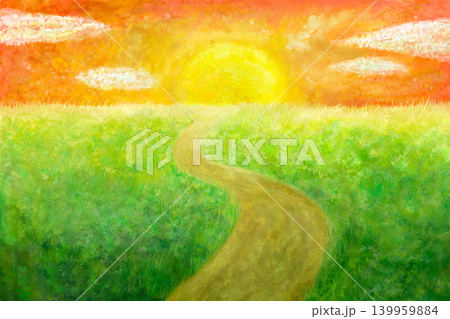 草原の中の道と夕焼けの手描き風景02 139959884