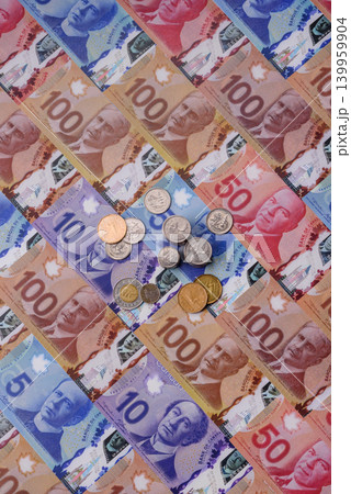 Money, currency of Canada, dollar banknotes of various denominations. Canadian money 139959904