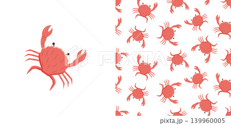 Clipart crab and seamless pattern. Vector illustration of river and marine life. Background delicacies seafood. 139960005