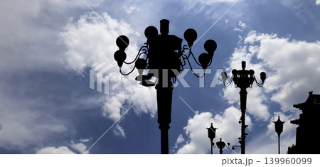 Street lamp on Tiananmen Square in Beijing, China (against the background of a beautiful sky with clouds), with propaganda or public announcement speakers 139960099
