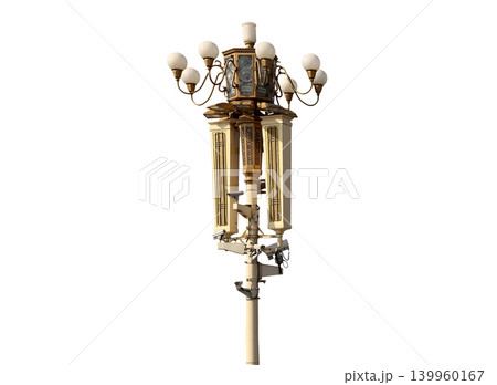Street lamp on Tiananmen Square in Beijing, China (carved, on white background), with propaganda or public announcement speakers Street lamp on Tiananmen Square in Beijing, China (carved, on white background), with propaganda or public announcement speakers 139960167