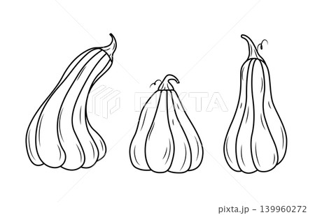 Autumn set of pumpkins. Hand drawn black and white line art doodle. Vector illustration for Thanksgiving day, Halloween, greeting cards and posters. Autumn set of pumpkins. Hand drawn black and white line art doodle. Vector illustration for Thanksgiving day, Halloween, greeting cards and posters. 139960272