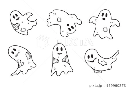 Ghost doodle set. Funny Ghost halloween icons. Cute ghost characters. Design elements for logo, badges, banners, labels, posters. Vector illustration 139960278