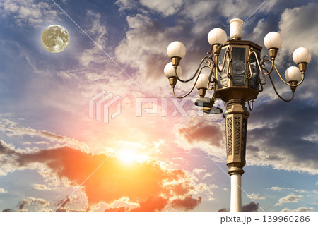 Street lamp on Tiananmen Square in Beijing, China (against the sunset with the super moon), with propaganda or public announcement speakers 139960286