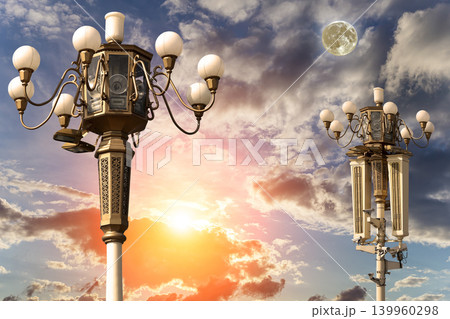 Street lamp on Tiananmen Square in Beijing, China (against the sunset with the super moon), with propaganda or public announcement speakers 139960298