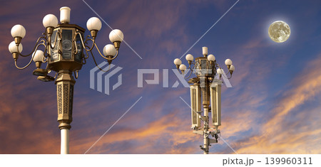 Street lamp on Tiananmen Square in Beijing, China (against the sunset with the super moon), with propaganda or public announcement speakers 139960311