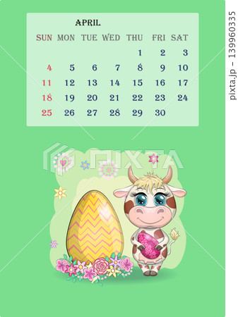 Calendar 2021. Cute bull and cow for every month Calendar 2021. Cute bull and cow for every month 139960335
