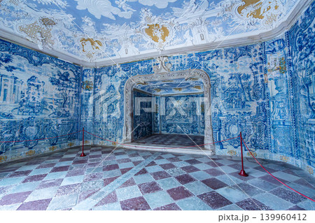 Historic palace courtyard with azulejo tile panels and arches in Sintra Portugal 139960412
