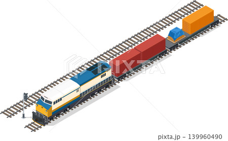 Freight train with container and small cargo on flatbed trailer Freight train with container and small cargo on flatbed trailer 139960490