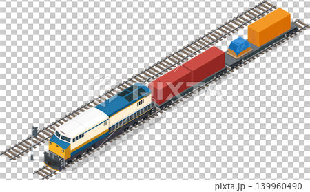 Freight train with container and small cargo on flatbed trailer Freight train with container and small cargo on flatbed trailer 139960490