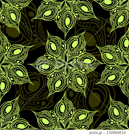seamless pattern of abstract olive green graphic elements on black background, texture, design seamless pattern of abstract olive green graphic elements on black background, texture, design 139960610